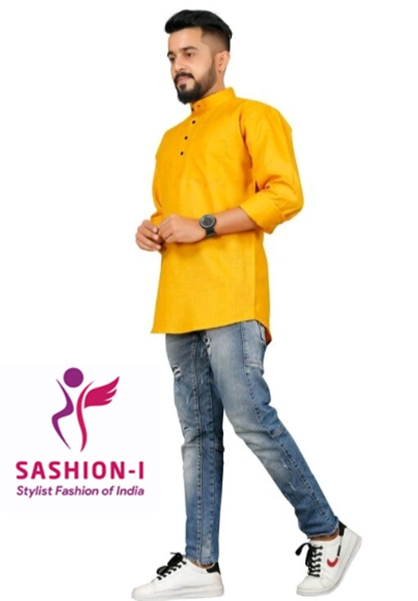 Men's Stylish Full Sleeve Short Kurta - Yellow